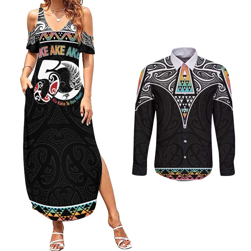 50 Years Kia Kaha Te Reo Maori Couples Matching Summer Maxi Dress and Long Sleeve Button Shirt Ake Ake Ake! LT7 White - Polynesian Pride