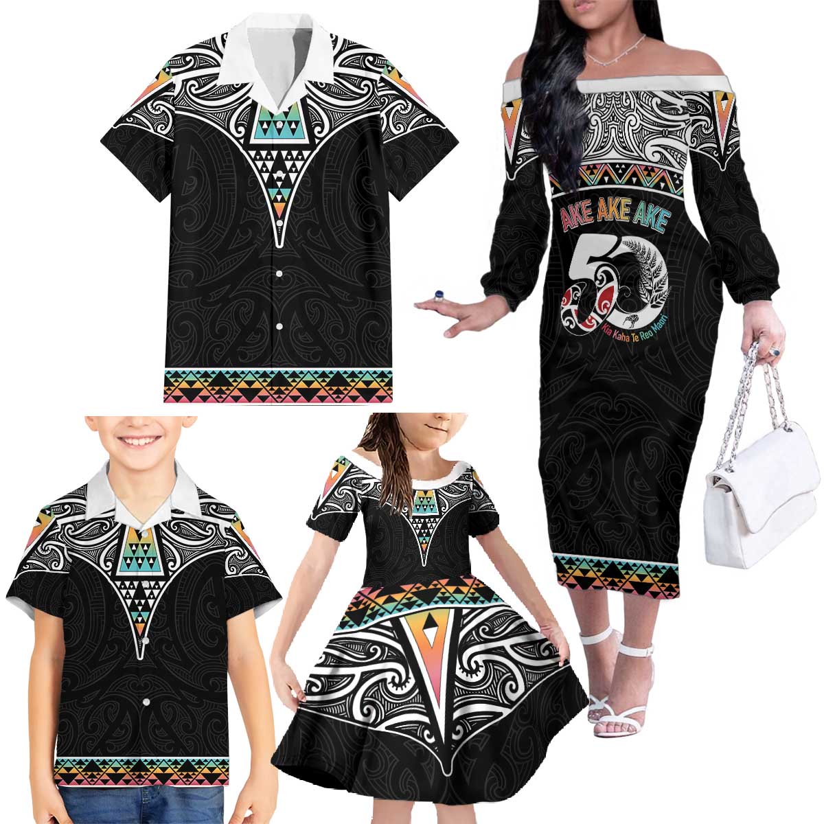 50 Years Kia Kaha Te Reo Maori Family Matching Off The Shoulder Long Sleeve Dress and Hawaiian Shirt Ake Ake Ake! LT7 - Polynesian Pride