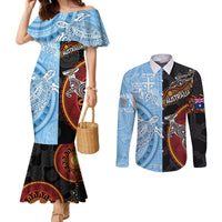 personalised-fiji-and-australia-couples-matching-mermaid-dress-and-long-sleeve-button-shirts-masi-patterns-mix-aboriginal-art