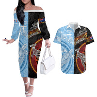 Personalised Fiji and Australia Couples Matching Off The Shoulder Long Sleeve Dress and Hawaiian Shirt Masi Patterns Mix Aboriginal Art LT7 Colorful - Polynesian Pride