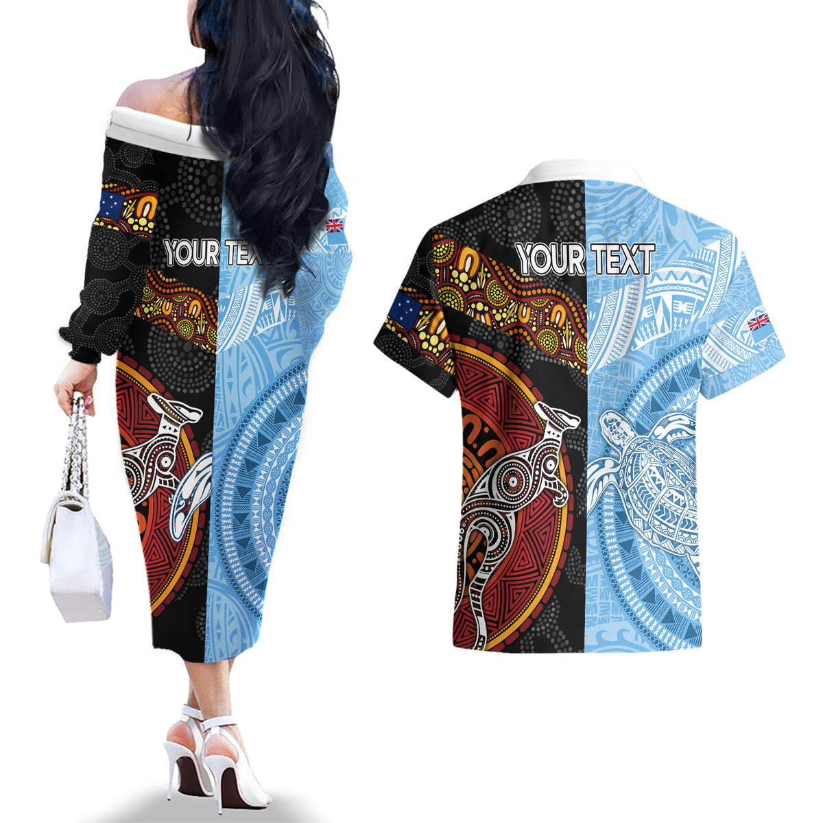 Personalised Fiji and Australia Couples Matching Off The Shoulder Long Sleeve Dress and Hawaiian Shirt Masi Patterns Mix Aboriginal Art LT7 - Polynesian Pride