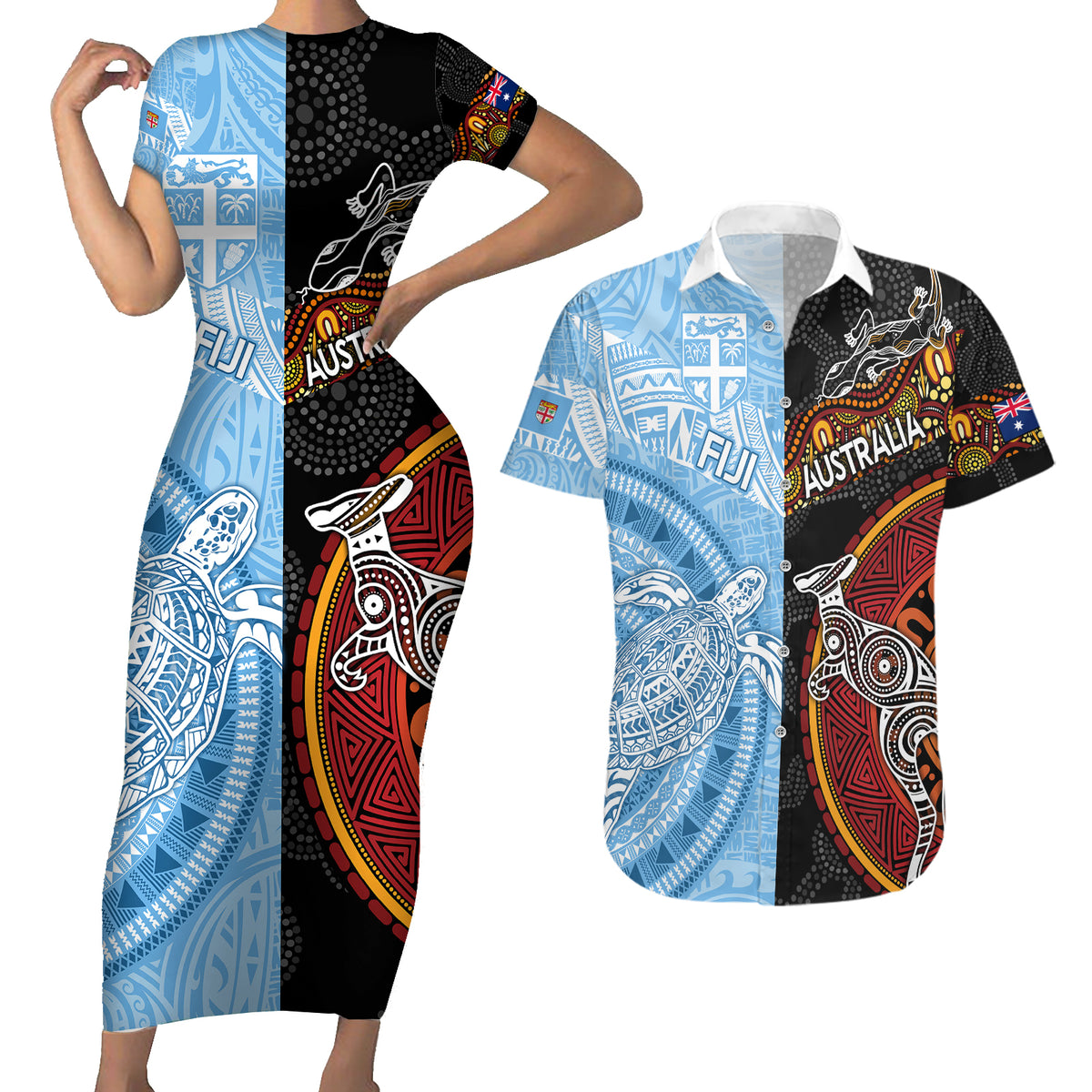 Personalised Fiji and Australia Couples Matching Short Sleeve Bodycon Dress and Hawaiian Shirt Masi Patterns Mix Aboriginal Art LT7 Colorful - Polynesian Pride