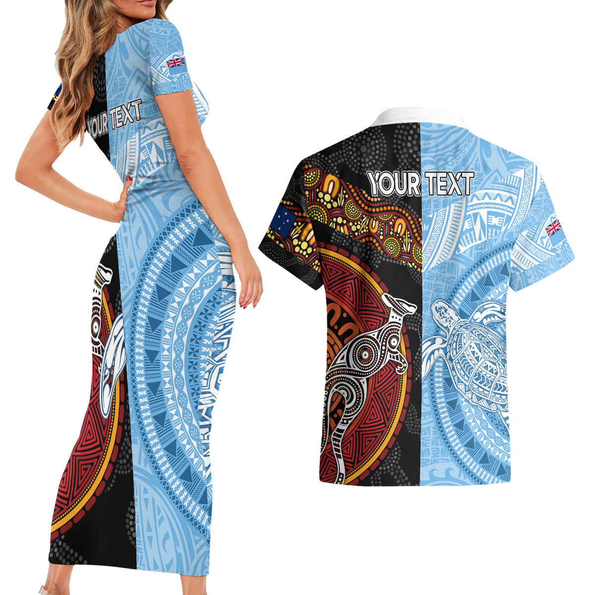 Personalised Fiji and Australia Couples Matching Short Sleeve Bodycon Dress and Hawaiian Shirt Masi Patterns Mix Aboriginal Art LT7 - Polynesian Pride