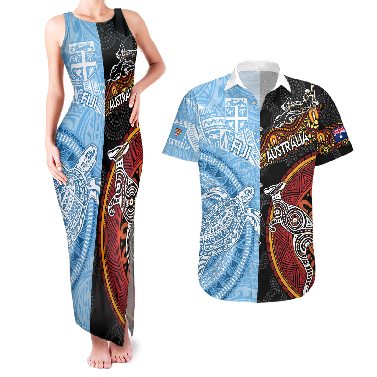 Personalised Fiji and Australia Couples Matching Tank Maxi Dress and Hawaiian Shirt Masi Patterns Mix Aboriginal Art LT7 Colorful - Polynesian Pride