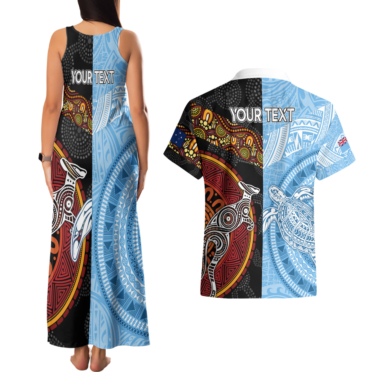 Personalised Fiji and Australia Couples Matching Tank Maxi Dress and Hawaiian Shirt Masi Patterns Mix Aboriginal Art LT7 - Polynesian Pride