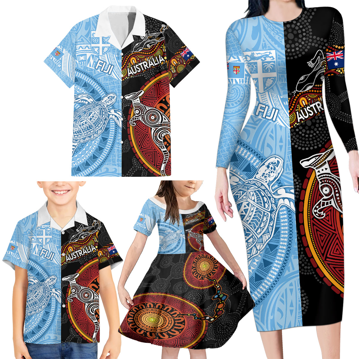 Personalised Fiji and Australia Family Matching Long Sleeve Bodycon Dress and Hawaiian Shirt Masi Patterns Mix Aboriginal Art LT7 - Polynesian Pride