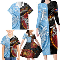 Personalised Fiji and Australia Family Matching Long Sleeve Bodycon Dress and Hawaiian Shirt Masi Patterns Mix Aboriginal Art LT7 - Polynesian Pride