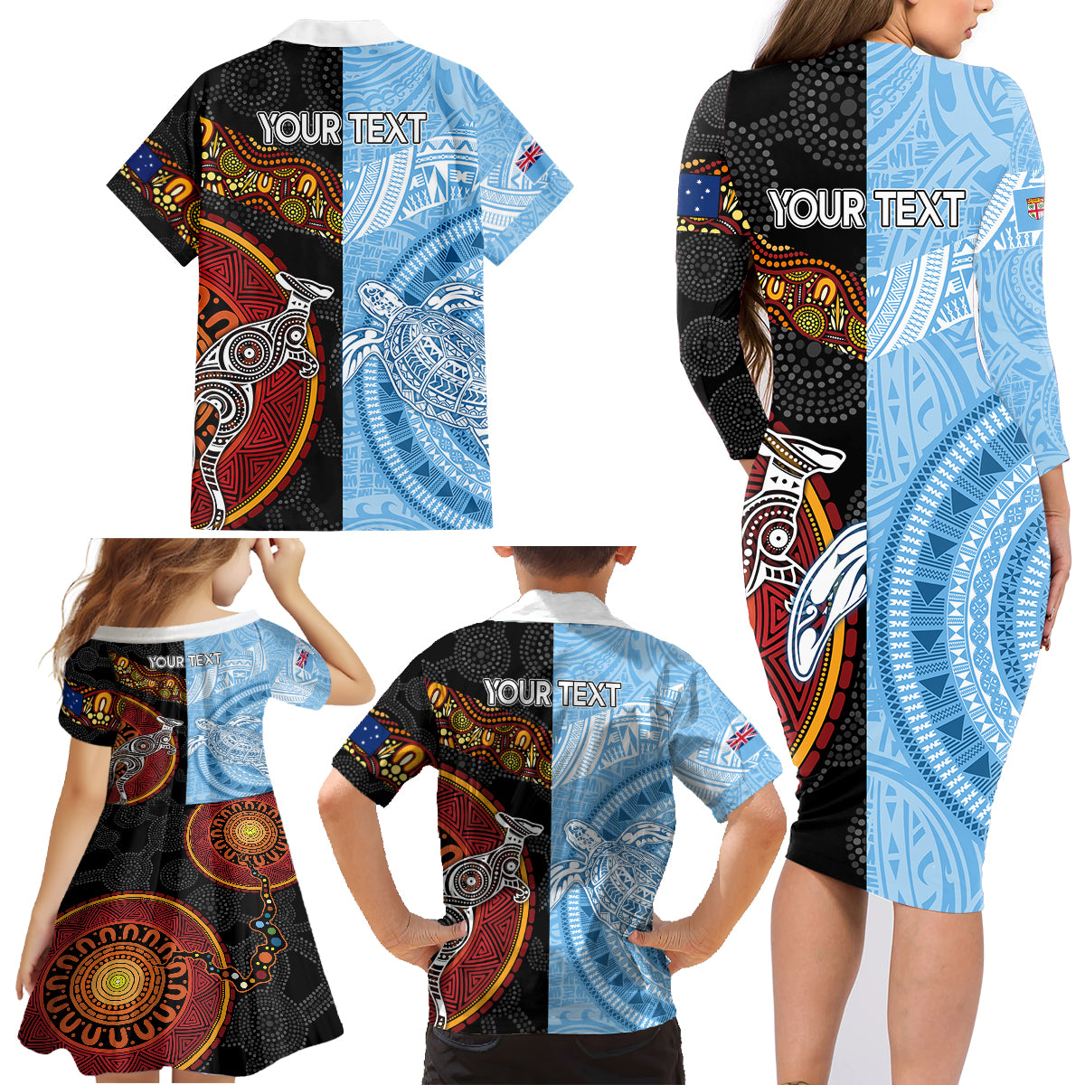 Personalised Fiji and Australia Family Matching Long Sleeve Bodycon Dress and Hawaiian Shirt Masi Patterns Mix Aboriginal Art LT7 - Polynesian Pride