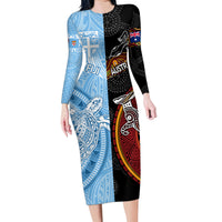 Personalised Fiji and Australia Family Matching Long Sleeve Bodycon Dress and Hawaiian Shirt Masi Patterns Mix Aboriginal Art LT7 Mom's Dress Colorful - Polynesian Pride