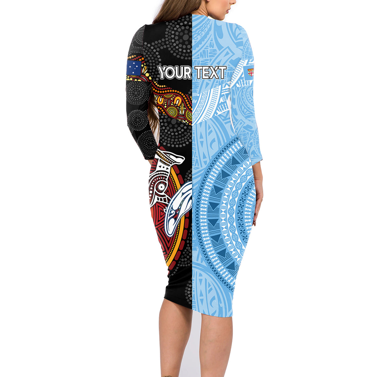 Personalised Fiji and Australia Family Matching Long Sleeve Bodycon Dress and Hawaiian Shirt Masi Patterns Mix Aboriginal Art LT7 - Polynesian Pride