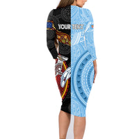 Personalised Fiji and Australia Family Matching Long Sleeve Bodycon Dress and Hawaiian Shirt Masi Patterns Mix Aboriginal Art LT7 - Polynesian Pride