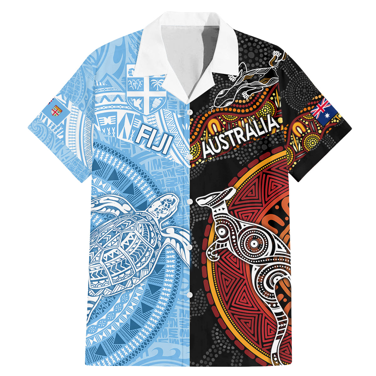 Personalised Fiji and Australia Family Matching Mermaid Dress and Hawaiian Shirt Masi Patterns Mix Aboriginal Art LT7 Dad's Shirt - Short Sleeve Colorful - Polynesian Pride