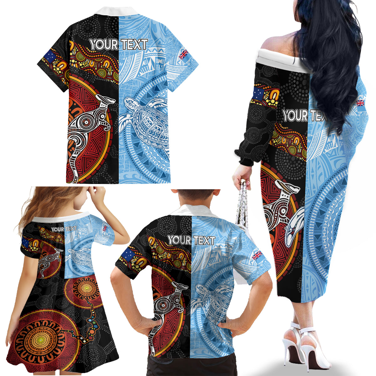 Personalised Fiji and Australia Family Matching Off Shoulder Long Sleeve Dress and Hawaiian Shirt Masi Patterns Mix Aboriginal Art LT7 - Polynesian Pride
