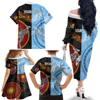 Personalised Fiji and Australia Family Matching Off Shoulder Long Sleeve Dress and Hawaiian Shirt Masi Patterns Mix Aboriginal Art LT7 - Polynesian Pride