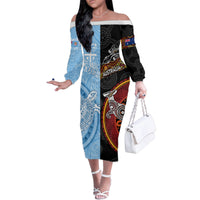 Personalised Fiji and Australia Family Matching Off Shoulder Long Sleeve Dress and Hawaiian Shirt Masi Patterns Mix Aboriginal Art LT7 Mom's Dress Colorful - Polynesian Pride