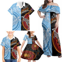 Personalised Fiji and Australia Family Matching Off Shoulder Maxi Dress and Hawaiian Shirt Masi Patterns Mix Aboriginal Art LT7 - Polynesian Pride