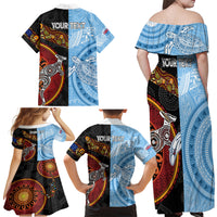 Personalised Fiji and Australia Family Matching Off Shoulder Maxi Dress and Hawaiian Shirt Masi Patterns Mix Aboriginal Art LT7 - Polynesian Pride
