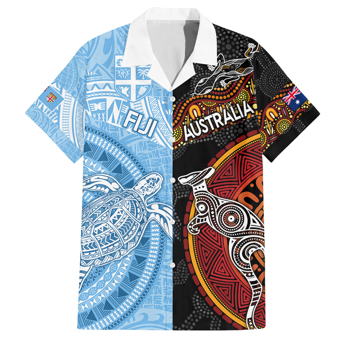 Personalised Fiji and Australia Family Matching Off Shoulder Maxi Dress and Hawaiian Shirt Masi Patterns Mix Aboriginal Art LT7 Dad's Shirt - Short Sleeve Colorful - Polynesian Pride
