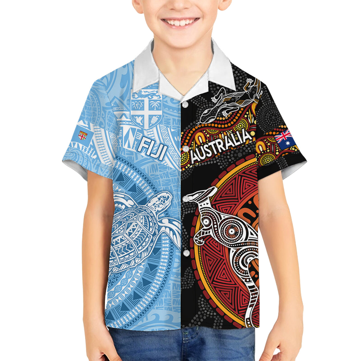 Personalised Fiji and Australia Family Matching Off Shoulder Maxi Dress and Hawaiian Shirt Masi Patterns Mix Aboriginal Art LT7 Son's Shirt Colorful - Polynesian Pride