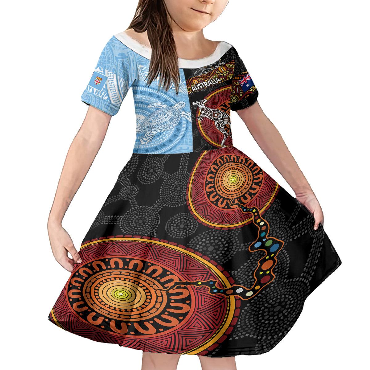 Personalised Fiji and Australia Family Matching Off Shoulder Short Dress and Hawaiian Shirt Masi Patterns Mix Aboriginal Art LT7 Daughter's Dress Colorful - Polynesian Pride