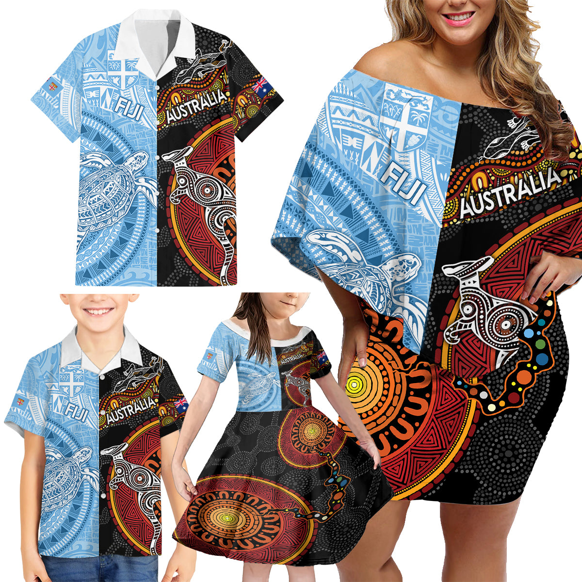 Personalised Fiji and Australia Family Matching Off Shoulder Short Dress and Hawaiian Shirt Masi Patterns Mix Aboriginal Art LT7 - Polynesian Pride
