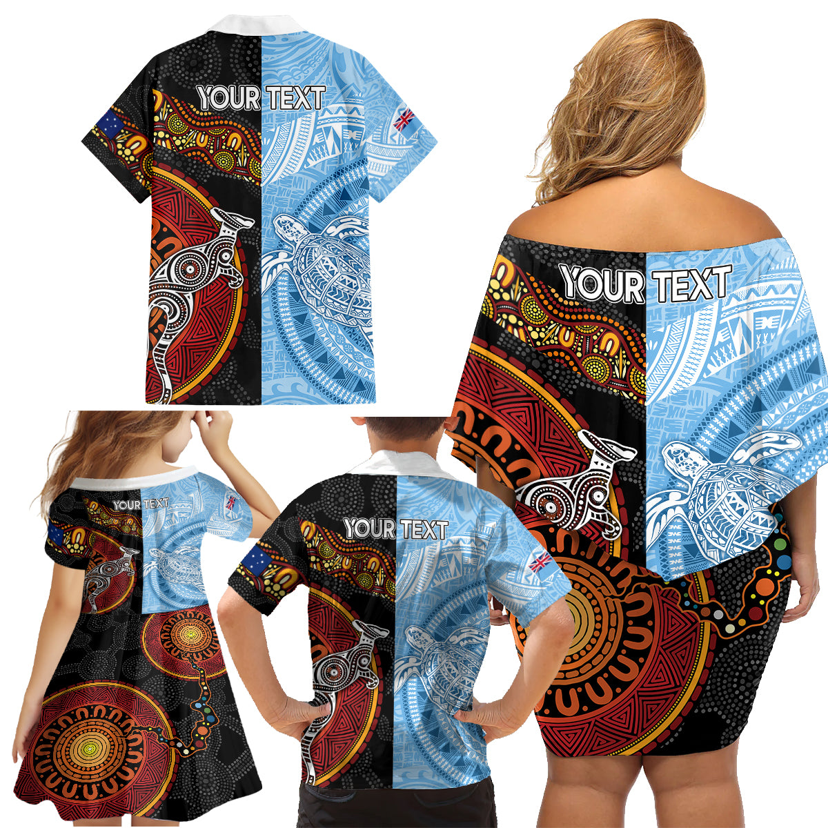 Personalised Fiji and Australia Family Matching Off Shoulder Short Dress and Hawaiian Shirt Masi Patterns Mix Aboriginal Art LT7 - Polynesian Pride