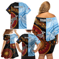 Personalised Fiji and Australia Family Matching Off Shoulder Short Dress and Hawaiian Shirt Masi Patterns Mix Aboriginal Art LT7 - Polynesian Pride