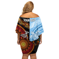 Personalised Fiji and Australia Family Matching Off Shoulder Short Dress and Hawaiian Shirt Masi Patterns Mix Aboriginal Art LT7 - Polynesian Pride