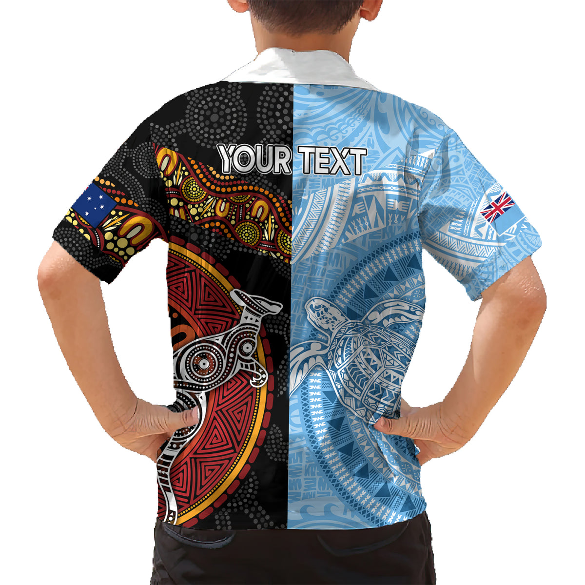 Personalised Fiji and Australia Family Matching Short Sleeve Bodycon Dress and Hawaiian Shirt Masi Patterns Mix Aboriginal Art LT7 - Polynesian Pride