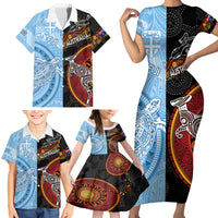 Personalised Fiji and Australia Family Matching Short Sleeve Bodycon Dress and Hawaiian Shirt Masi Patterns Mix Aboriginal Art LT7 - Polynesian Pride