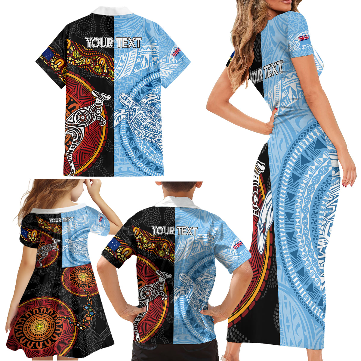 Personalised Fiji and Australia Family Matching Short Sleeve Bodycon Dress and Hawaiian Shirt Masi Patterns Mix Aboriginal Art LT7 - Polynesian Pride