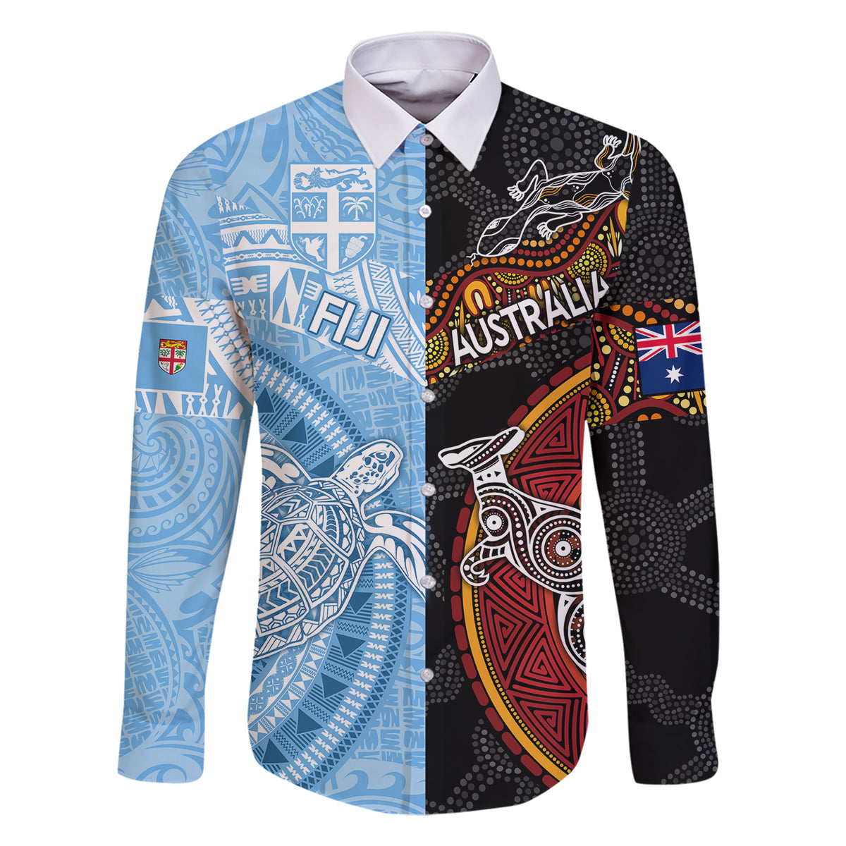 Personalised Fiji and Australia Family Matching Short Sleeve Bodycon Dress and Hawaiian Shirt Masi Patterns Mix Aboriginal Art LT7 Dad's Shirt - Long Sleeve Colorful - Polynesian Pride