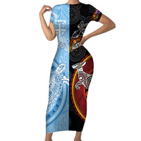 Personalised Fiji and Australia Family Matching Short Sleeve Bodycon Dress and Hawaiian Shirt Masi Patterns Mix Aboriginal Art LT7 Mom's Dress Colorful - Polynesian Pride