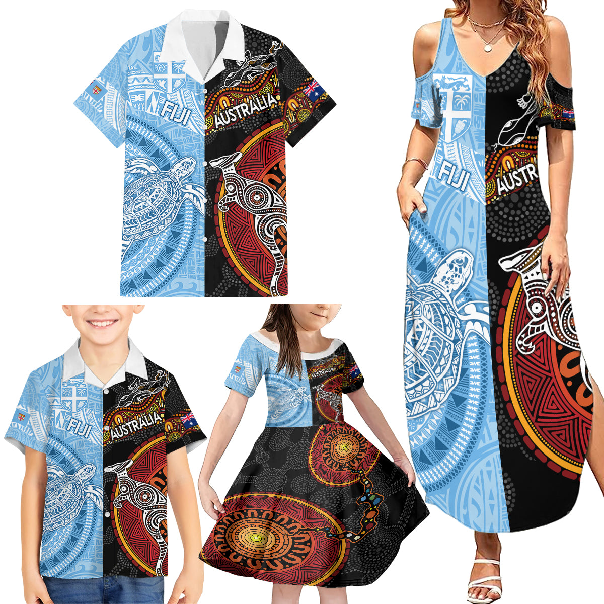 Personalised Fiji and Australia Family Matching Summer Maxi Dress and Hawaiian Shirt Masi Patterns Mix Aboriginal Art LT7 - Polynesian Pride