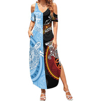 Personalised Fiji and Australia Family Matching Summer Maxi Dress and Hawaiian Shirt Masi Patterns Mix Aboriginal Art LT7 Mom's Dress Colorful - Polynesian Pride