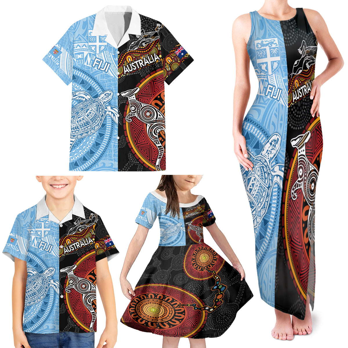 Personalised Fiji and Australia Family Matching Tank Maxi Dress and Hawaiian Shirt Masi Patterns Mix Aboriginal Art LT7 - Polynesian Pride
