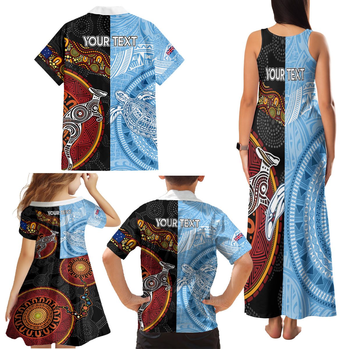 Personalised Fiji and Australia Family Matching Tank Maxi Dress and Hawaiian Shirt Masi Patterns Mix Aboriginal Art LT7 - Polynesian Pride