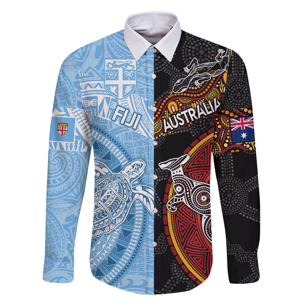 Personalised Fiji and Australia Family Matching Tank Maxi Dress and Hawaiian Shirt Masi Patterns Mix Aboriginal Art LT7 Dad's Shirt - Long Sleeve Colorful - Polynesian Pride