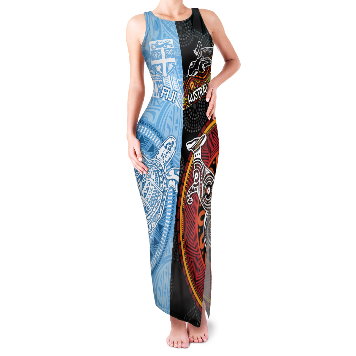 Personalised Fiji and Australia Family Matching Tank Maxi Dress and Hawaiian Shirt Masi Patterns Mix Aboriginal Art LT7 Mom's Dress Colorful - Polynesian Pride