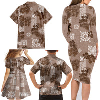 Vintage Hawaii Family Matching Long Sleeve Bodycon Dress and Hawaiian Shirt Hibiscus Mix Hawaiian Quilt Patches - Brown LT7 - Polynesian Pride