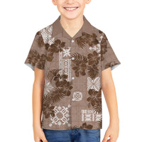 Vintage Hawaii Family Matching Off Shoulder Maxi Dress and Hawaiian Shirt Hibiscus Mix Hawaiian Quilt Patches - Brown LT7 Son's Shirt Brown - Polynesian Pride