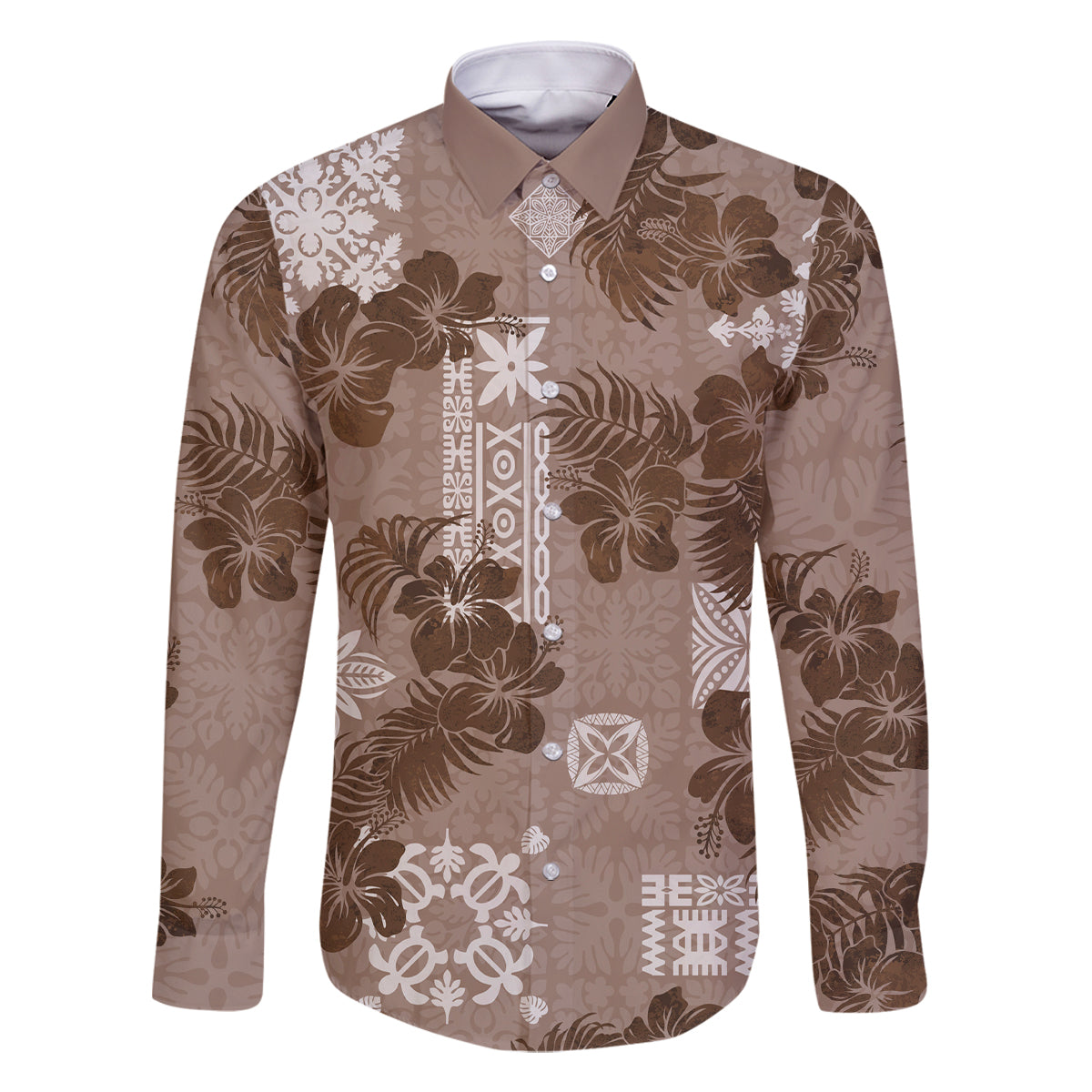 Vintage Hawaii Family Matching Off Shoulder Short Dress and Hawaiian Shirt Hibiscus Mix Hawaiian Quilt Patches - Brown LT7 Dad's Shirt - Long Sleeve Brown - Polynesian Pride