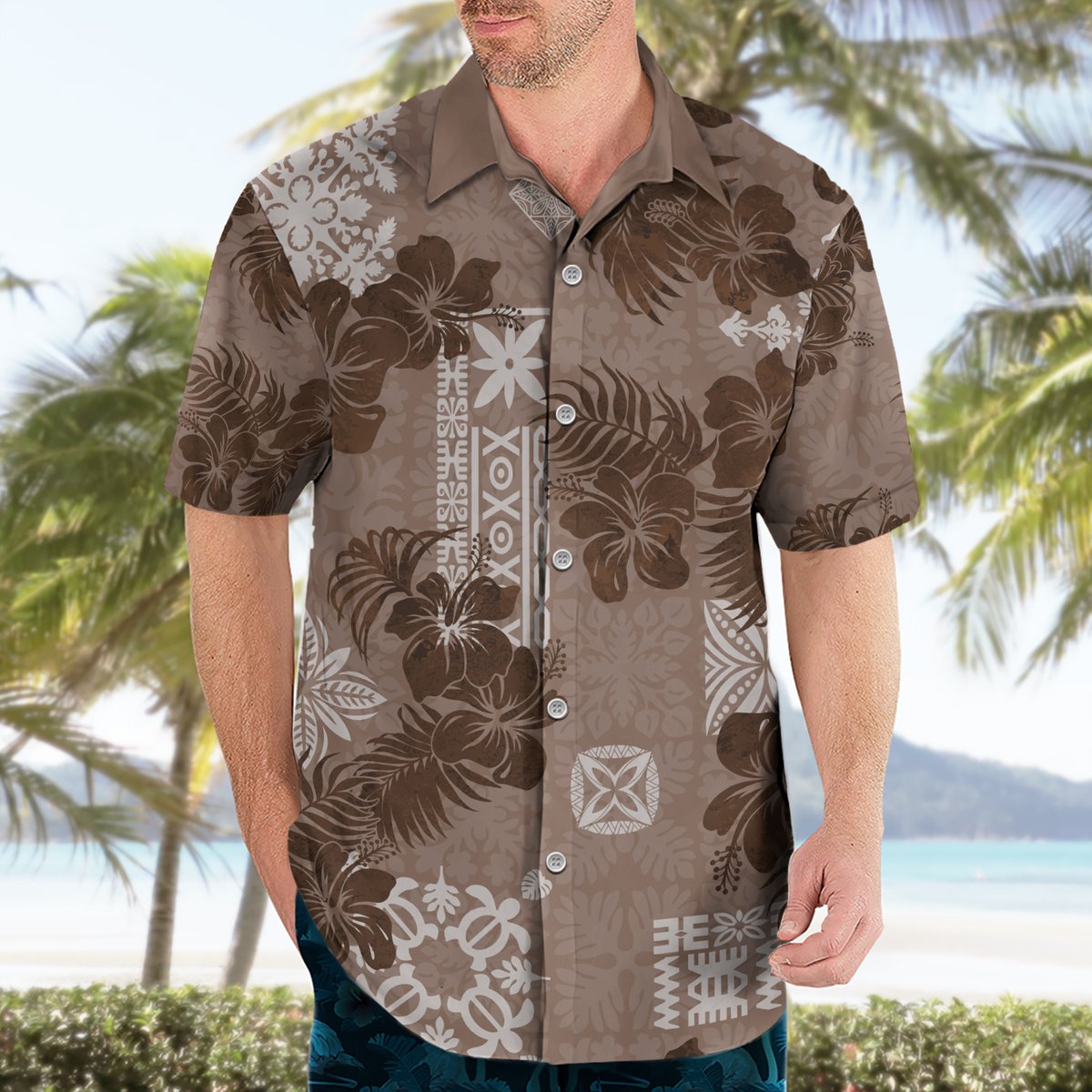 Vintage Hawaii Hawaiian Shirt Hibiscus Mix Hawaiian Quilt Patches - Brown LT7 - Polynesian Pride