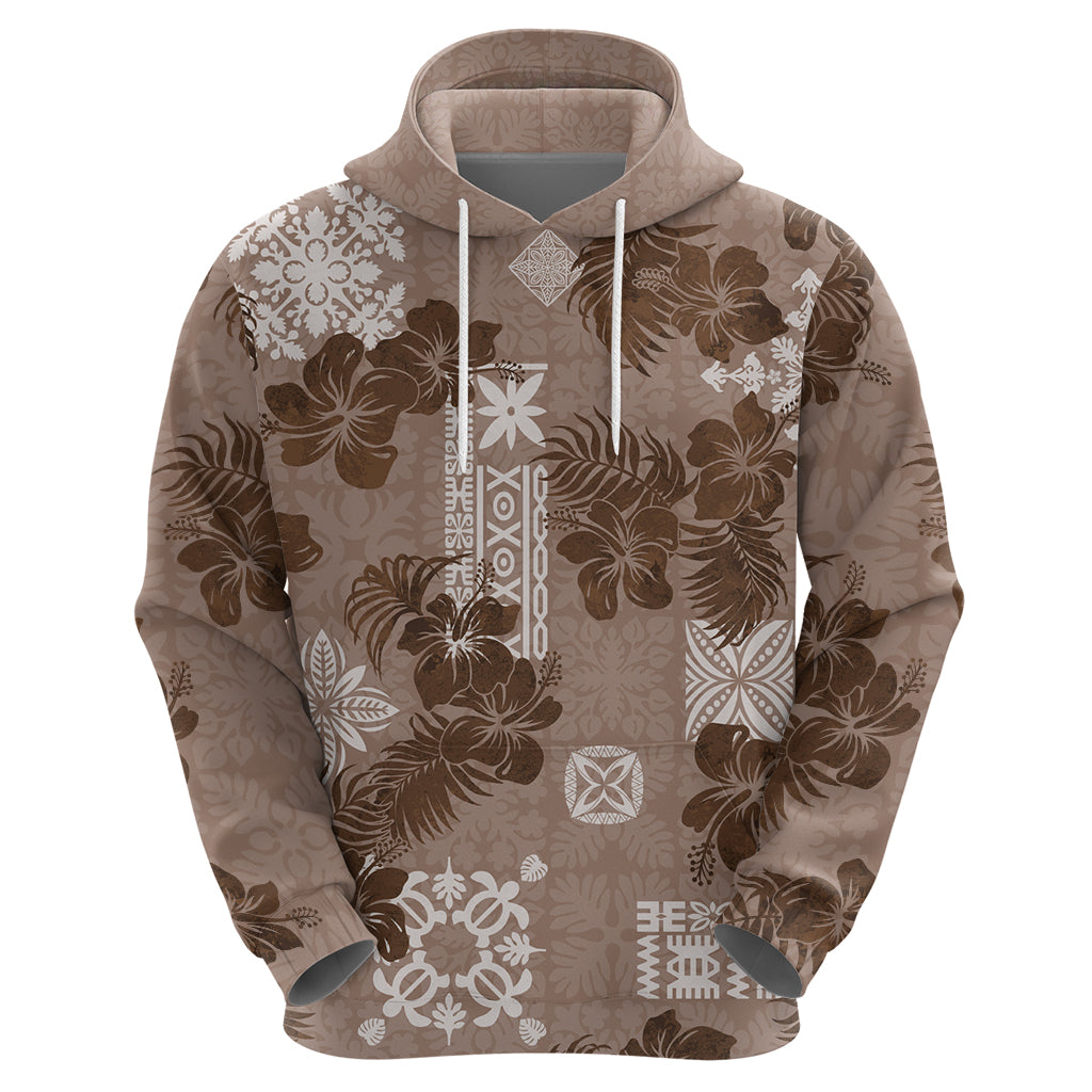 Vintage Hawaii Hoodie Hibiscus Mix Hawaiian Quilt Patches - Brown LT7 - Polynesian Pride