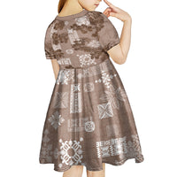 Vintage Hawaii Kid Short Sleeve Dress Hibiscus Mix Hawaiian Quilt Patches - Brown LT7 - Polynesian Pride