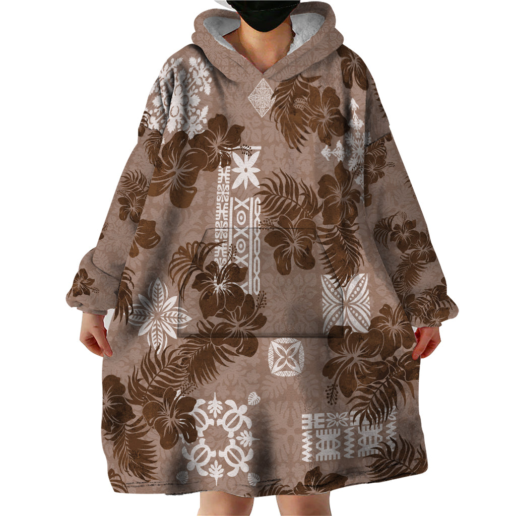Vintage Hawaii Wearable Blanket Hoodie Hibiscus Mix Hawaiian Quilt Patches - Brown LT7 - Polynesian Pride
