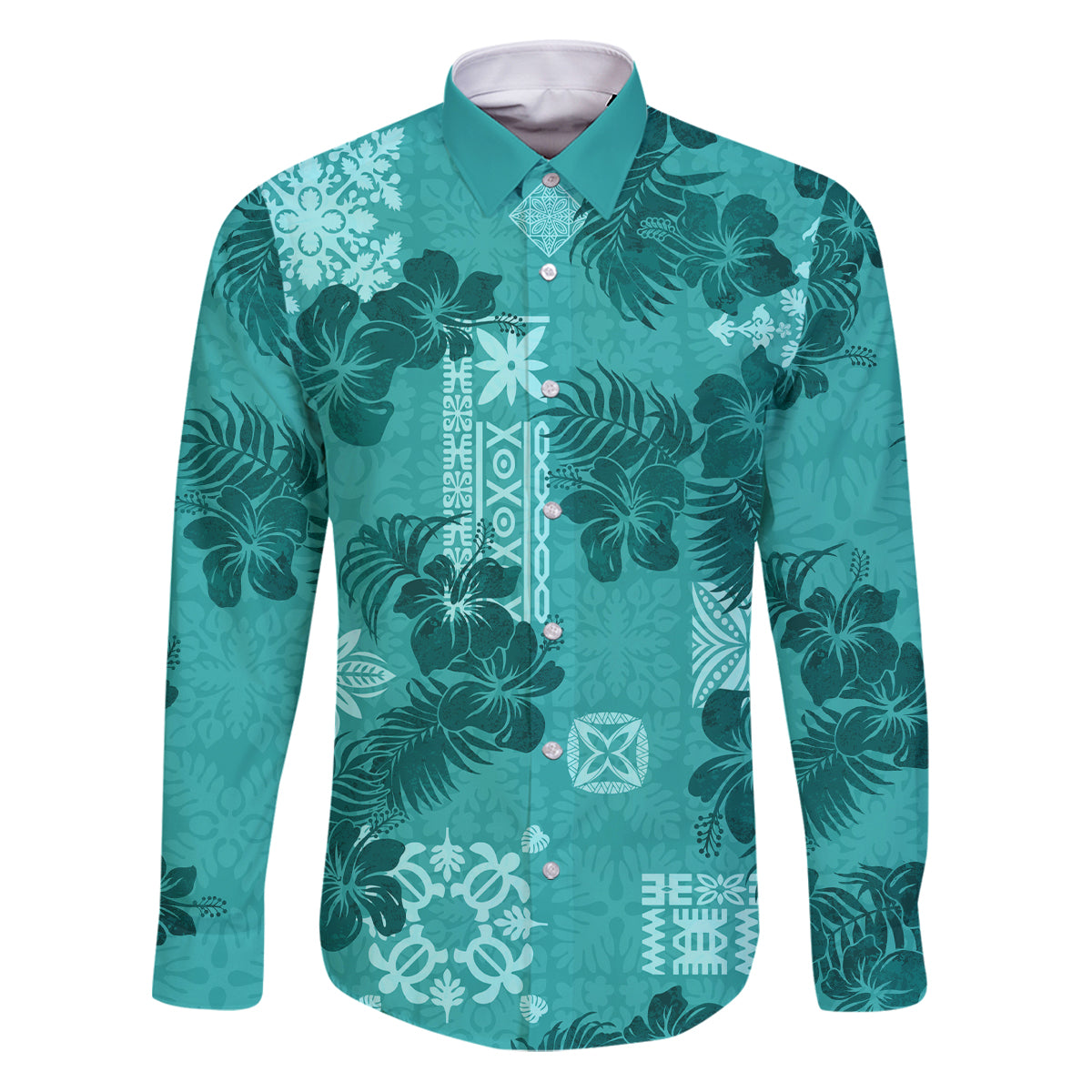 Vintage Hawaii Family Matching Puletasi Dress and Hawaiian Shirt Hibiscus Mix Hawaiian Quilt Patches - Teal LT7 Dad's Shirt - Long Sleeve Teal - Polynesian Pride