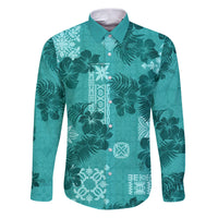 Vintage Hawaii Family Matching Puletasi Dress and Hawaiian Shirt Hibiscus Mix Hawaiian Quilt Patches - Teal LT7 Dad's Shirt - Long Sleeve Teal - Polynesian Pride