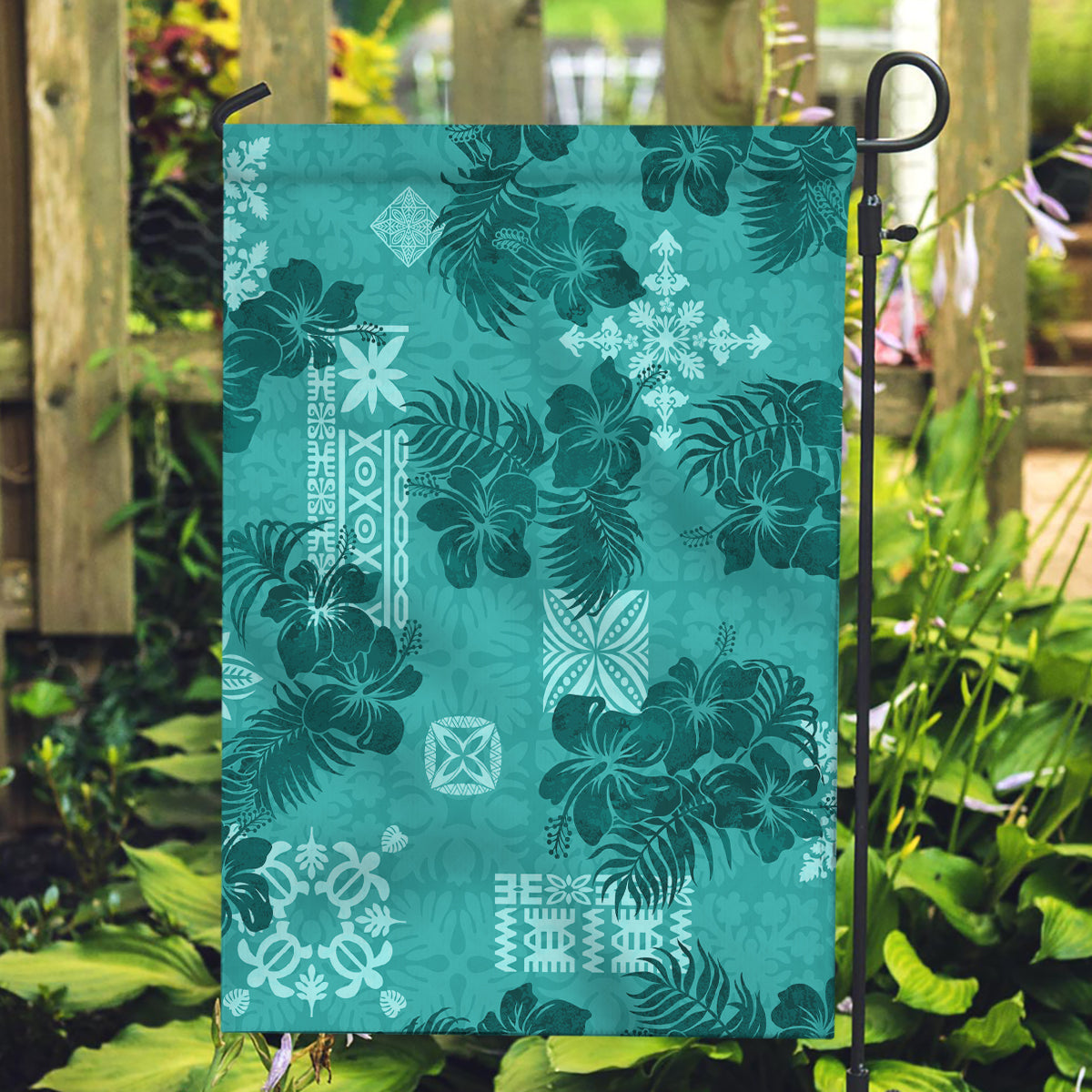 Vintage Hawaii Garden Flag Hibiscus Mix Hawaiian Quilt Patches - Teal LT7 Garden Flag Teal - Polynesian Pride
