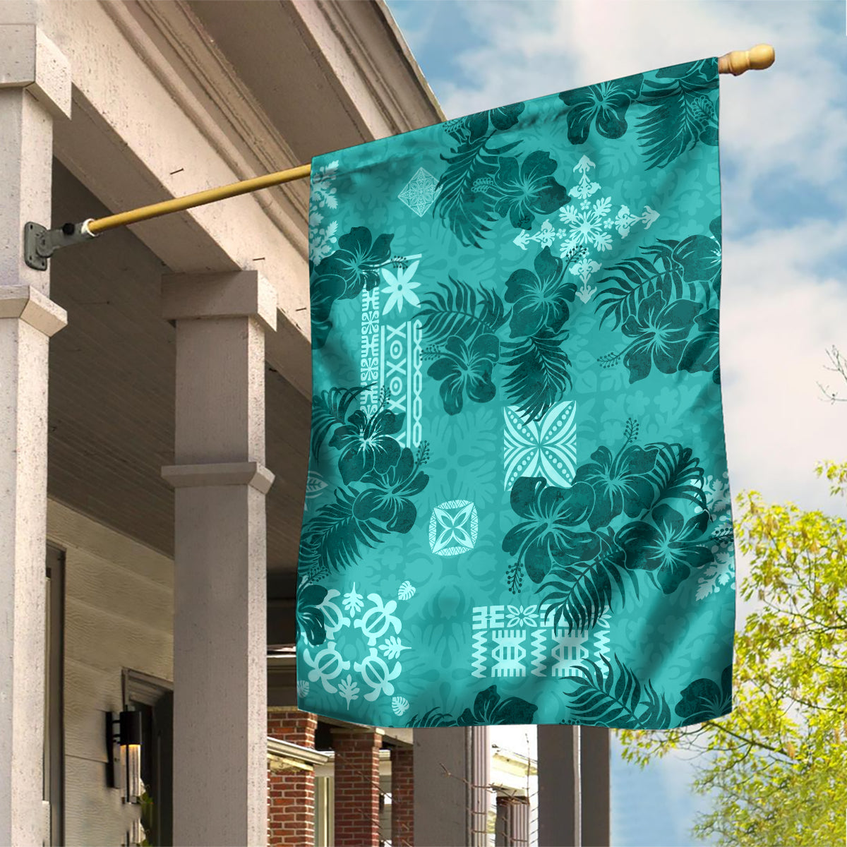 Vintage Hawaii Garden Flag Hibiscus Mix Hawaiian Quilt Patches - Teal LT7 House Flag Teal - Polynesian Pride